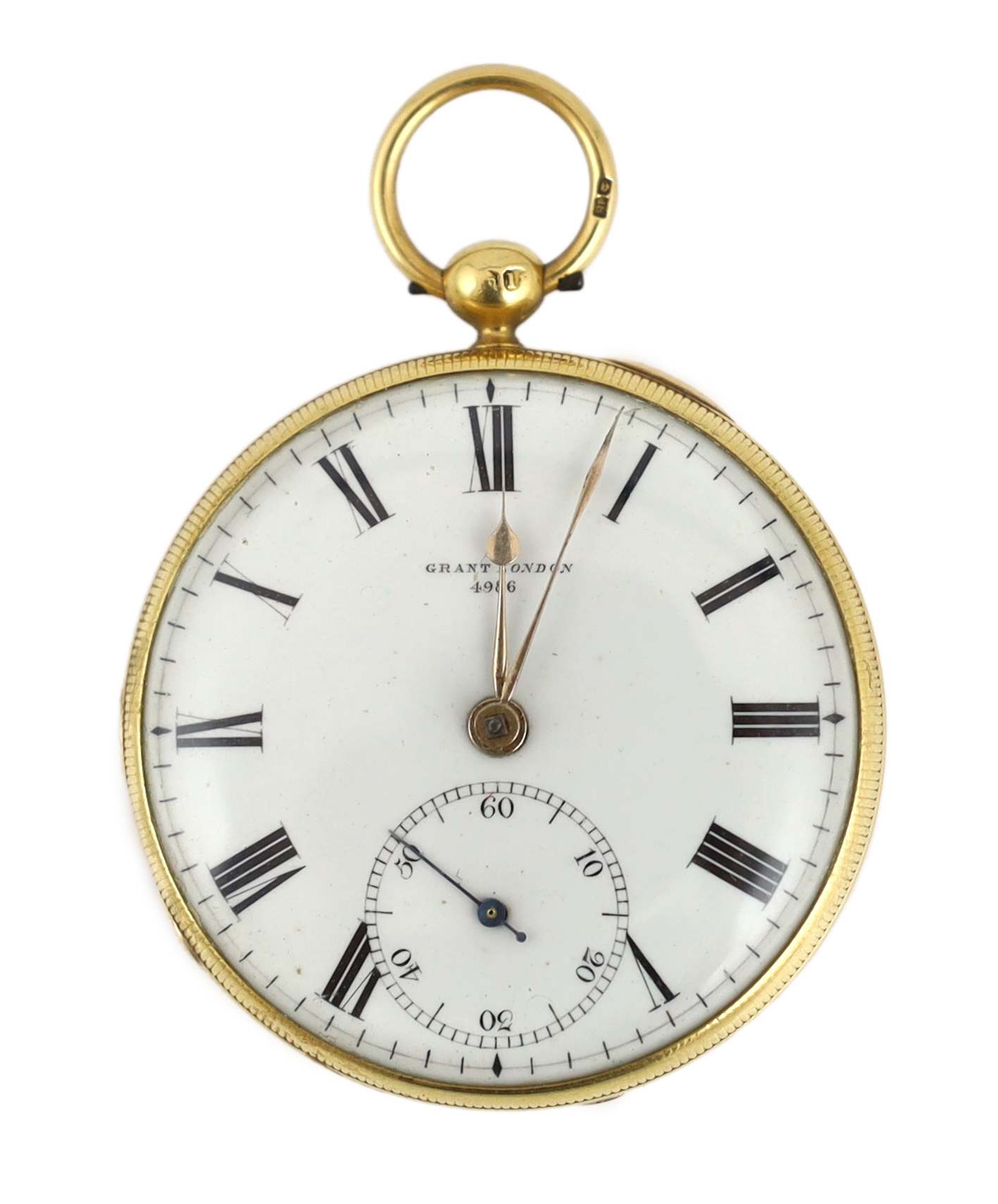 A Victorian engine turned 18ct gold open faced key wind pocket watch, by Grant of London
